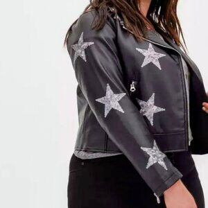 Black Sequin Stars Faux Leather Moto Jacket